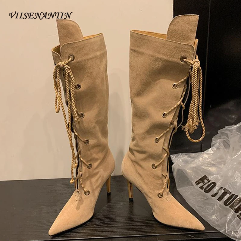 

Front Cross Tied Lace Up Knee High Boots Sexy Lady Pointed Toe Stiletto Heel Boots Suede Leather Fashion Luxury Long Boots Shoes