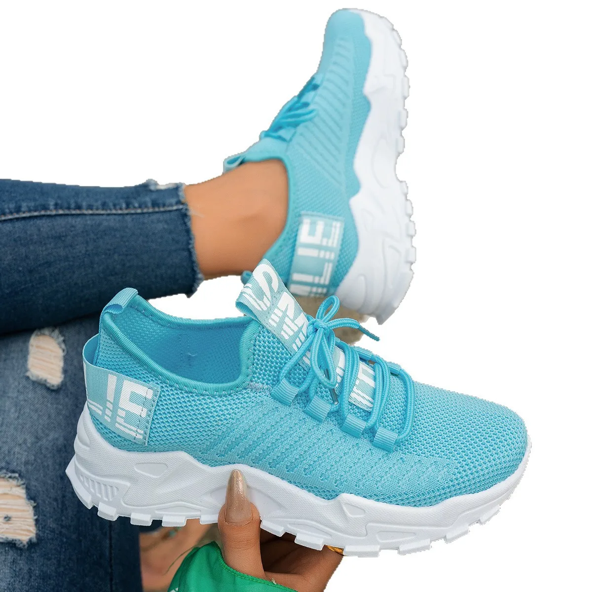 2026 Women's Casual Fly-woven Upper Running Tide Large Size Sports Slip-On Air Mesh Stretch Fabric Shoes