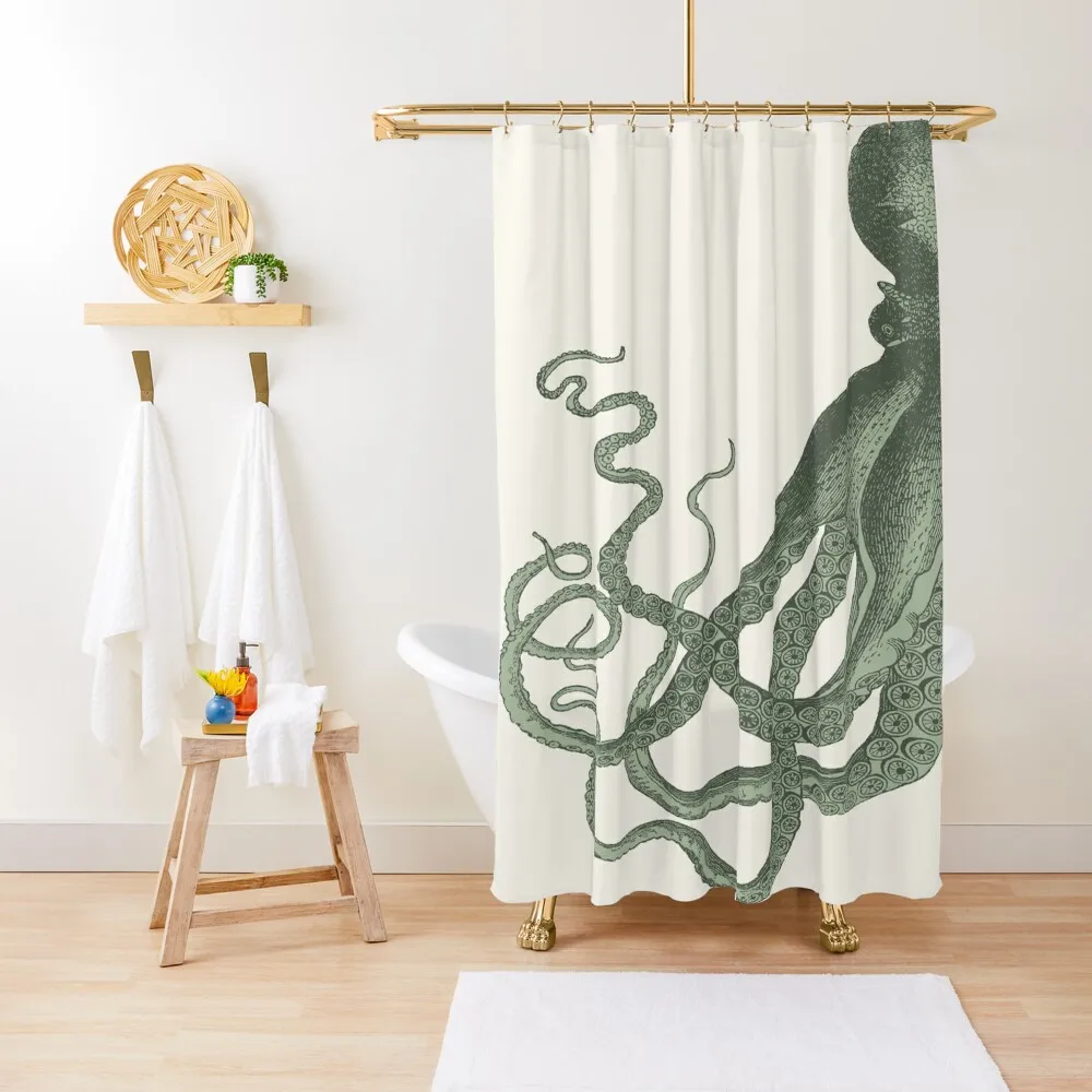 Half Octopus Left Side Vintage Octopus Tentacles Sea Creatures Nautical Ocean Sea Beach Diptych Sage Green Shower Curtain