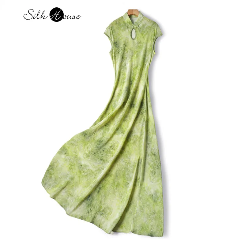 

2025 Women's Summer New 100% Natural Mulberry Silk 03Crepe De Chine Digital Printed Chinese Style Slant Cut Slimming Green Dress