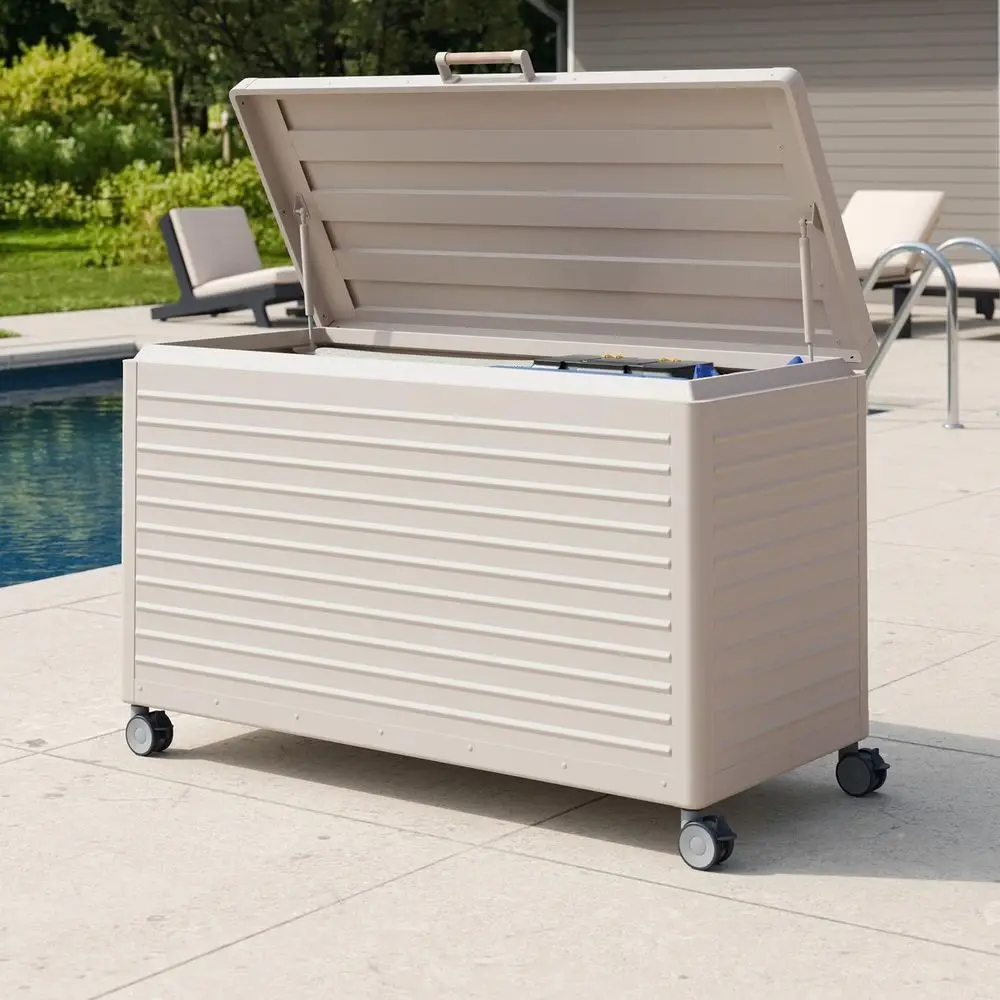 

Gallon Outdoor Storage Box Waterproof, Metal Deck Box with wheels for Patio Furniture, Garden Tools, Outdoor Cushion, Latte