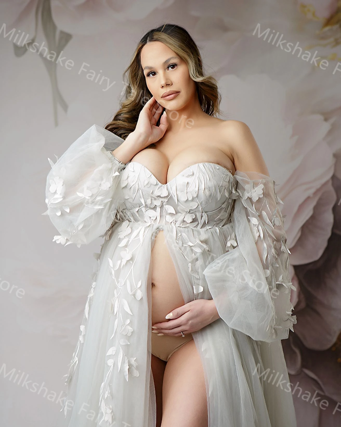 Glamorous Off Shoulder Maternity Robes for Photography Sweetheart Appliqued Pregnant Women Dresses Front Split Baby Shower Gowns