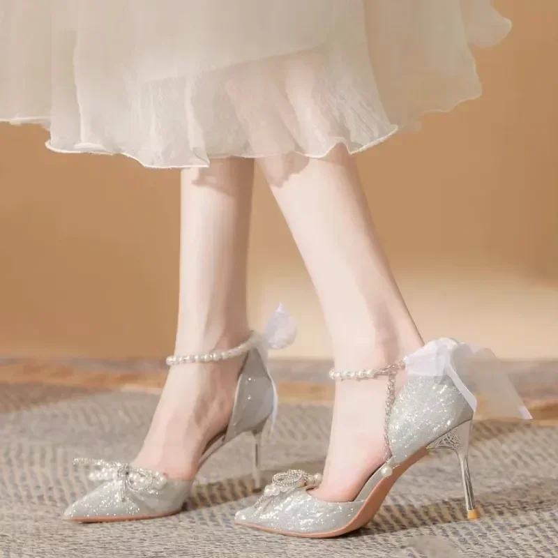 Elegant Ladies Inmitation Pearls Ankle Strap Pump High Heel Shoes for Wedding Silk Back Bowtie Shoes Woman Spring