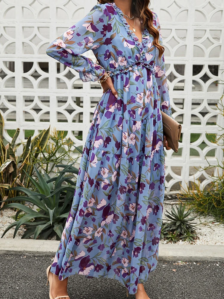 Bloemen Print Maxi Jurk Vrouwen Herfst Lange Mouw Jurken Dames Casual Losse V-Hals Lange Jurk Dames Ruche Boho Jurk