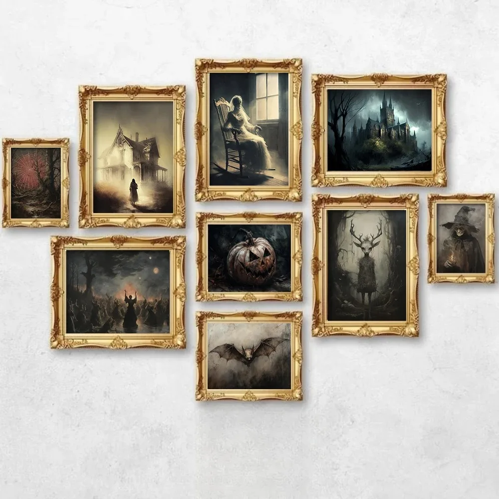Thriller Gothic Dark Style Set Retro Posters Horror Clown Ghost Doll Magic Witch Wall Art Living Room Home Decor Canvas Painting