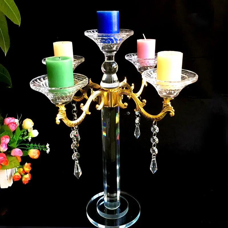 Crystal five-headed candle holder European crystal candle holder Wedding hotel dining table candle holder one piece