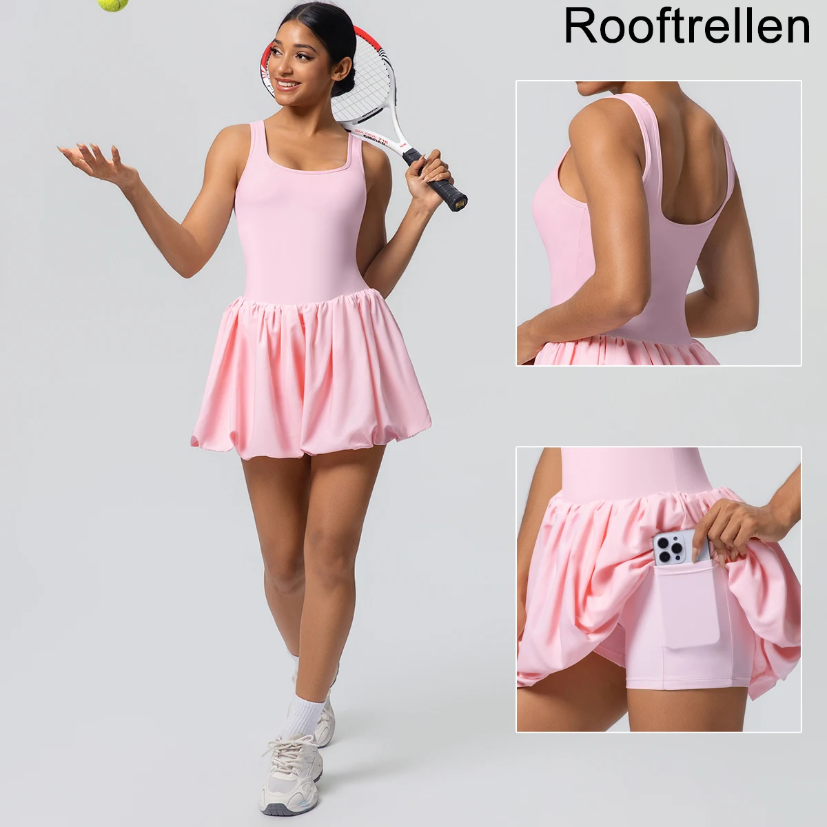 One-Piece Solid Color Sports Fitness Clothing Women Yoga Dress Prevent Light leakage With Pockets Stripe Jumpsuit Tennis Skirt