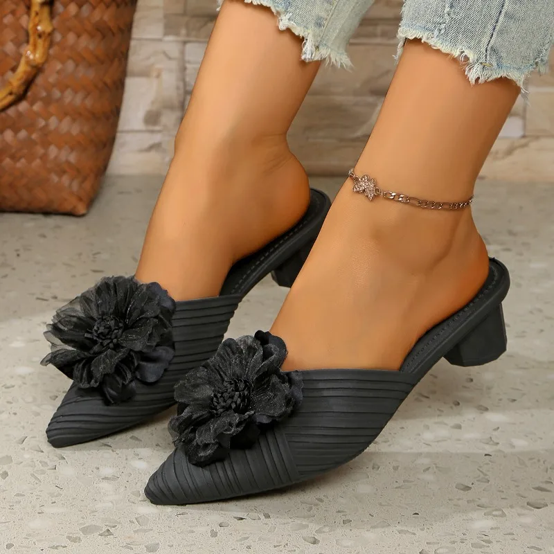 

Black Womens Slippers Wiht Flower Mid Heel Close Toes Non Slip and Wear-resistant 2025 New Spring Outdoor PU Fashion Slippers