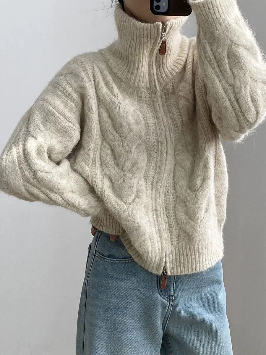 Women's Thickened Turtleneck Twist Zipper Cardigan Sweater Stand-Up Neck Knitted Jacket Lazy Wind Style Autumn Winter Outerwear