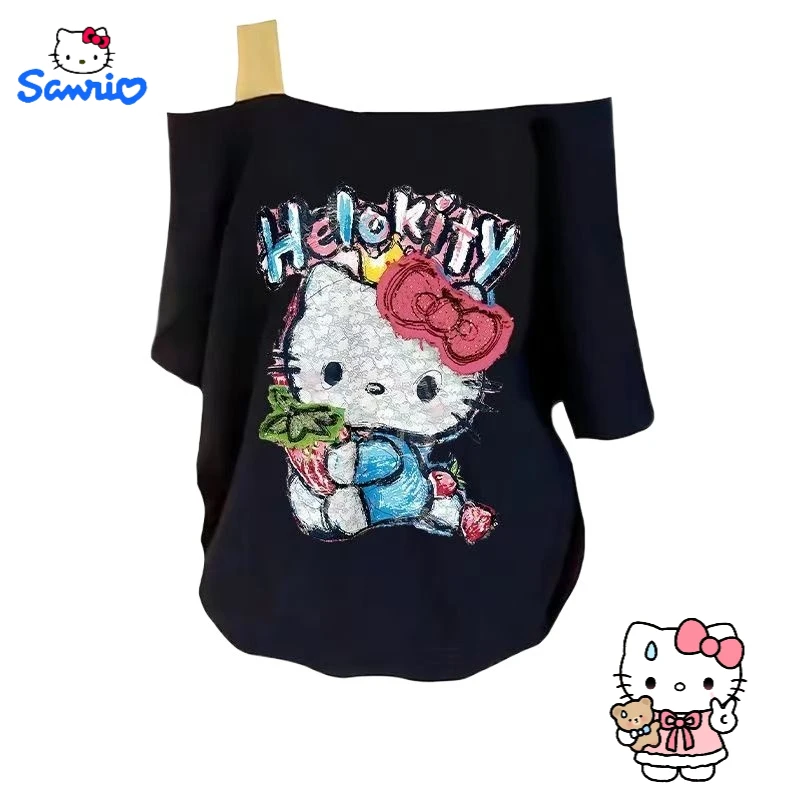 

sanrio Hello Kitty Cartoon Cute Off-the-Shoulder Shirt Creative Kawaii Girls Summer Sweet Short Sleeve Anime Goods Gifts