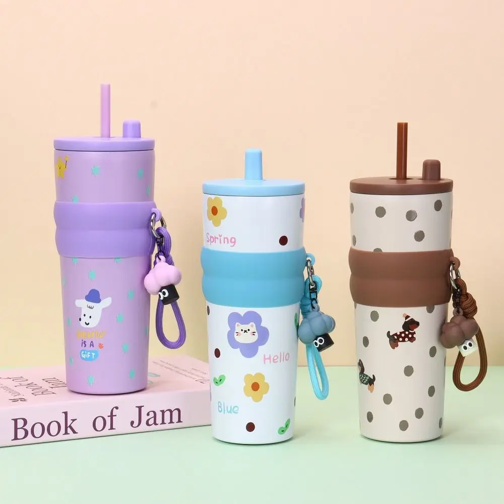

Cute 710ML Straw Cup High-Capacity Insulation Or Cooling Stainless Steel Cup With Lifting Rope Vacuum Cup for Office Workers