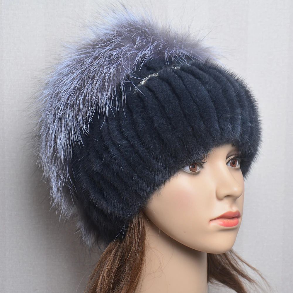 Women Winter Mink Fur Hats Knitted Real Mink Silver Fox Fur Caps Female Russian Warm Beanies Hat Women\'s Fur Hat