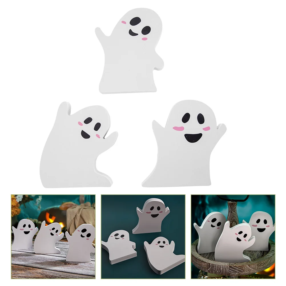 

3 Pcs Ghost Wooden Board Ornaments Decor Halloween Decorations Indoor Table Centerpiece Sign Tabletop