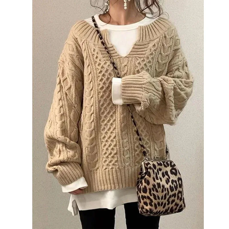 Women\'s Clothing Solid Color V-Neck Casual Sweaters Fashion Female All-match Loose Long Sleeve Knitted Pullovers Autumn Winter