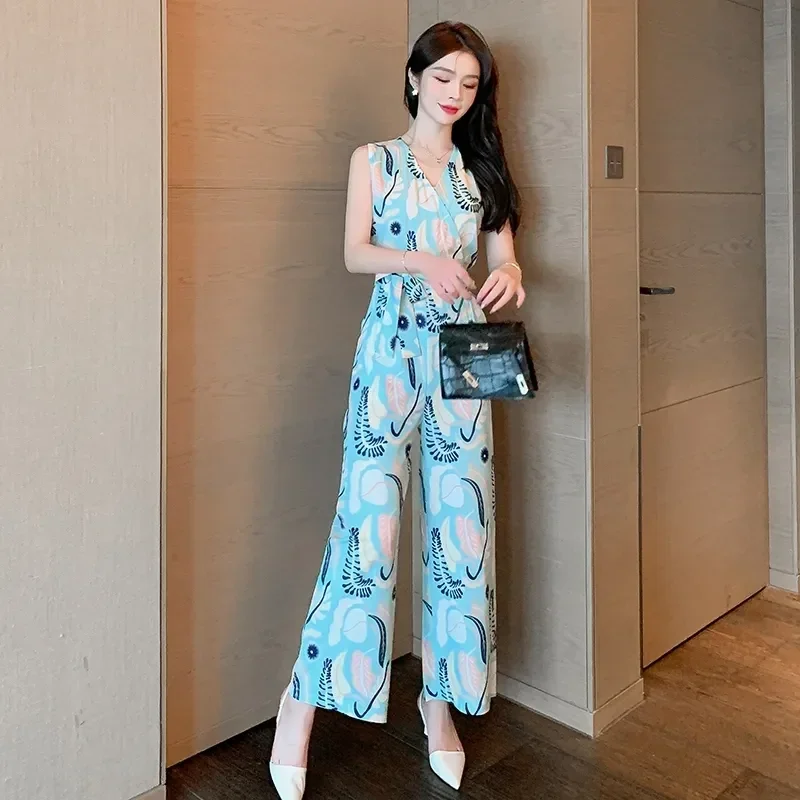 Women Elegance Chiffon Outfits Party Rompers 2025 Summer White Jumpsuit Printing Fashion Wide Leg Pant Ladies Sleeveless Casual