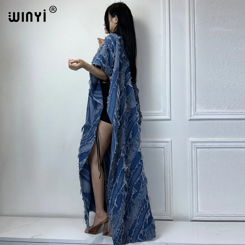 WINYI Kimono Sleeveless denim long down pocket Women coat elegant Party Holiday beach Cover Up fashion maxi dress