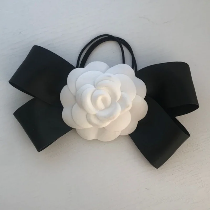 Temperament Camellia Bow Hair Ring pins White Fabric Sweet  Rope Clip Elastic Rubber Band Barrettes Ins For Women Girls