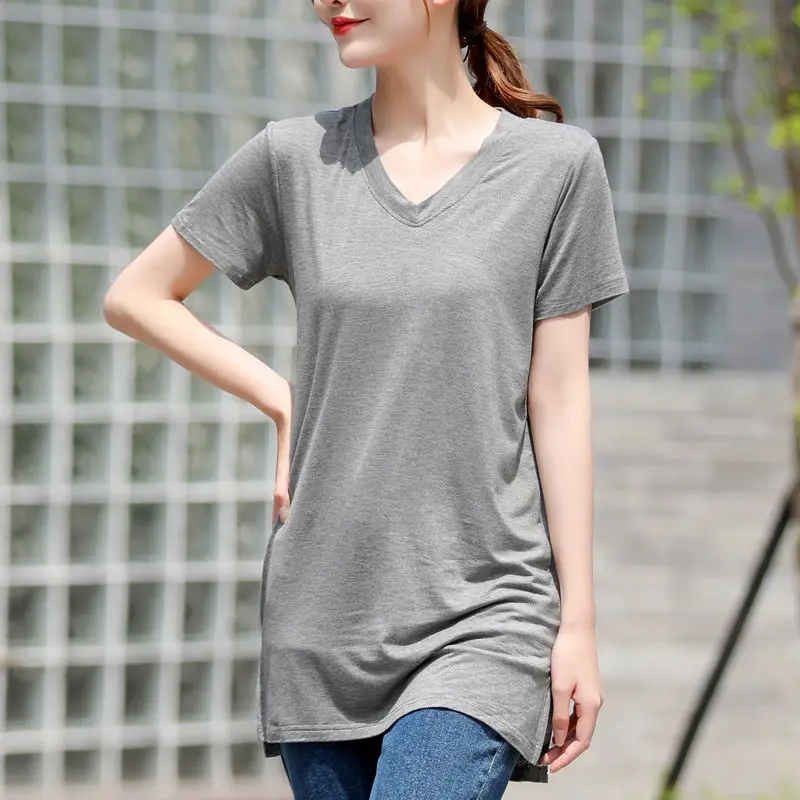 

Plus Size Simplicity Loose T Shirts Summer New Short Sleeve Solid Color Split Hem Vintage Tops Tees Casual Fashion Women Clothes