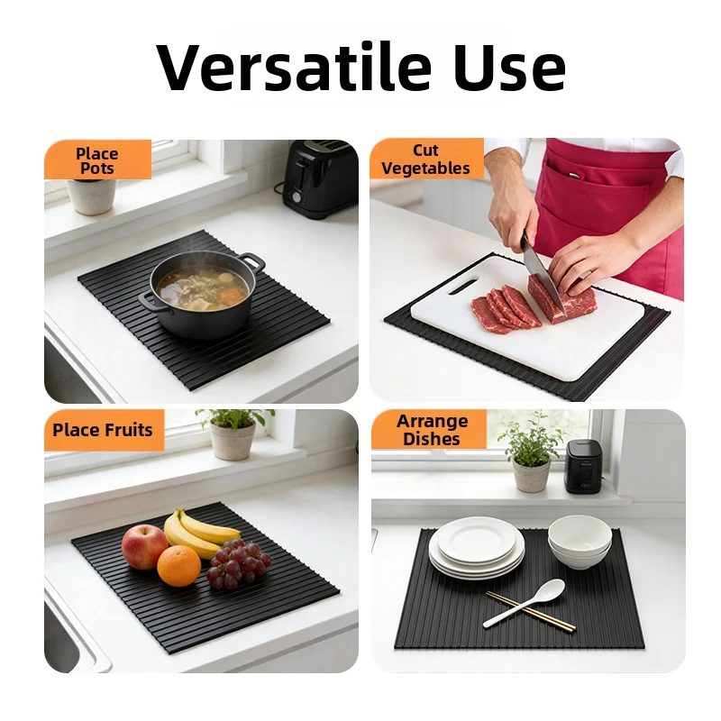 Silicone Kitchen Counter Drying Mat - Heat Resistant Drainage Pad for Dishes, Fruits and Vegetables with Non-Slip Design