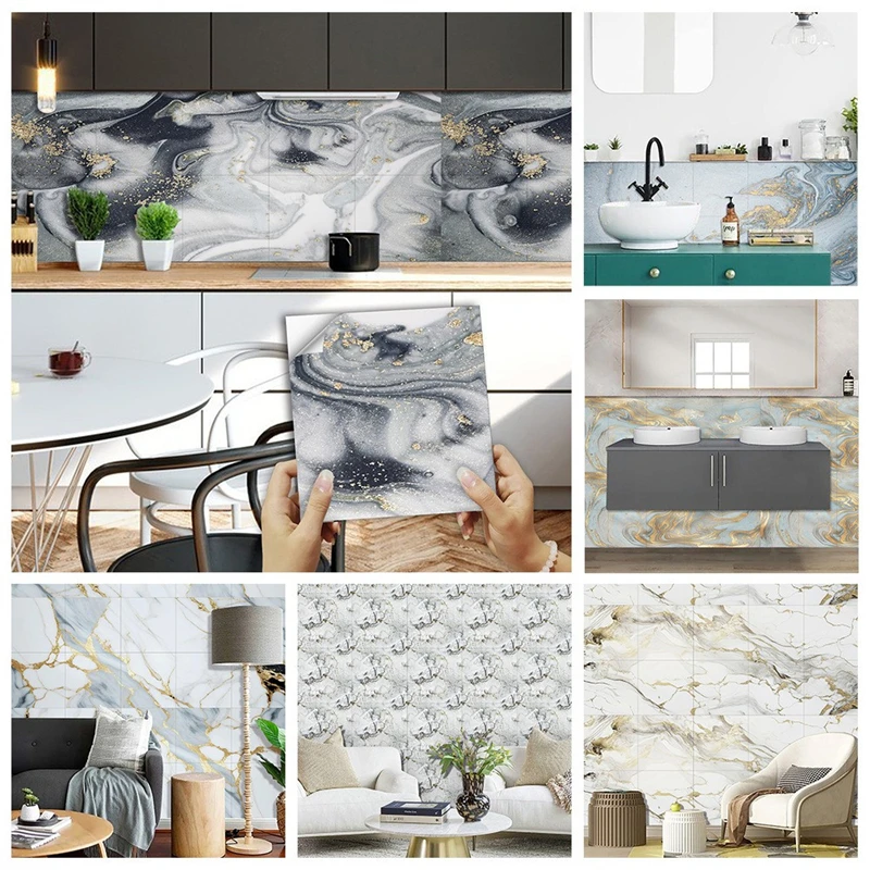 10PCS Wall Stickers Simulated Marble Pattern Imitation Crystal Ceramic Tile Kitchen Bathroom Waterproof Renovation Sccessories