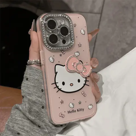 Staubdichte, waschbare Hülle für iPhone 17, Air 16, 15, 14 Plus, 13, 12, 11, Pro Max, Silikon, diamantbesetzt, Hello Kitty Cat, harte Abdeckung