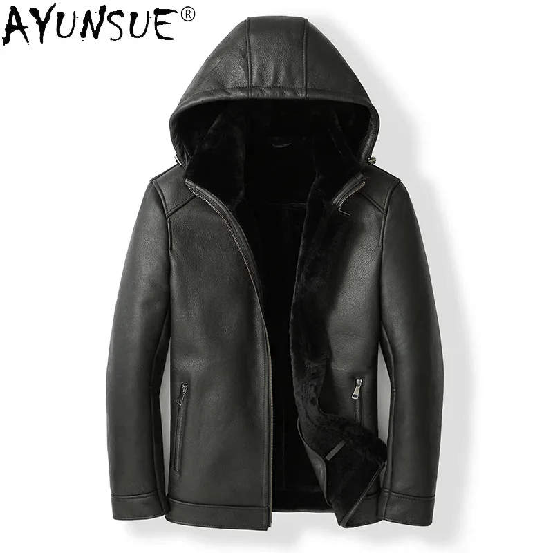 

AYUNSUE Real Sheepskin Leather Jacket Men Hooded Genuine Coat Male Short Korean Jakcets Outwear Chamarras Para Hombre