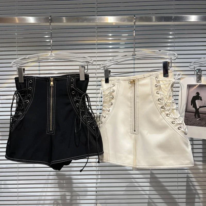 Women's Fashion High Waist Zipper Design Shorts Trendy Casual A-line Side Straps Short Pants Female Spring New