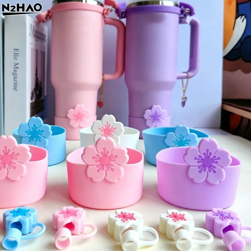 1*Tumbler Straw Cover & Water Bottle Silicone Boot & Tumbler Charm Set, Begonia Shape Straws Lid Cap And Tumbler Charm Pendant