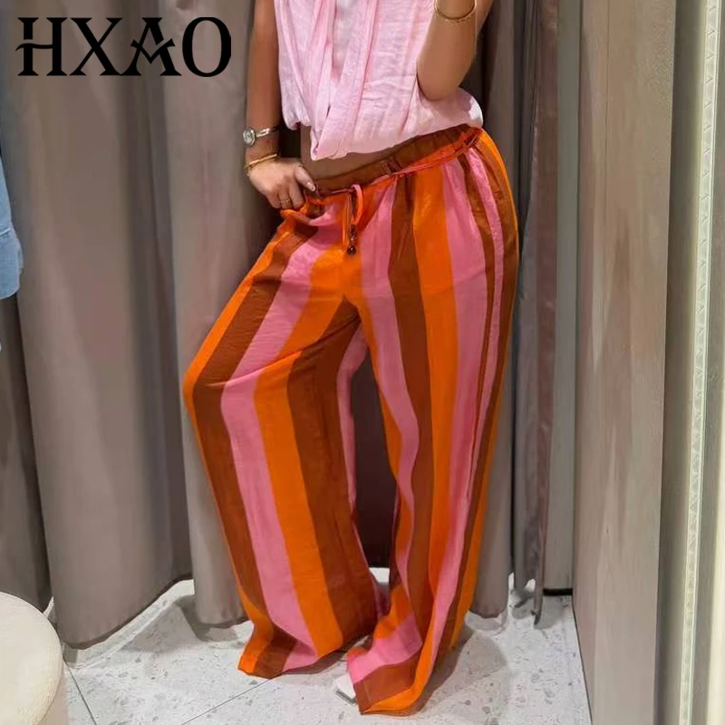 HXAO Gestreifte Baggy-Hose für Damen, Sommer 2026, mit Perlen und Schnürung, mittelhoher Bund, fließende Weithose, lässige Streetwear-Hose