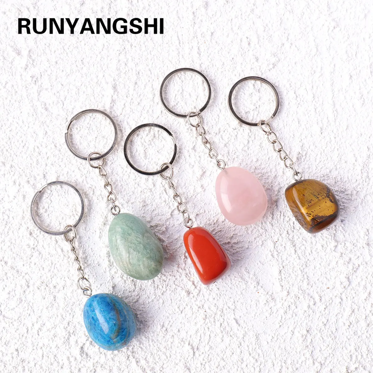 1PC Natural Gem Stone Keychains Clear Quartz Rolling Stones Amethyst Key Chain For DIY Car Key Rings Chains