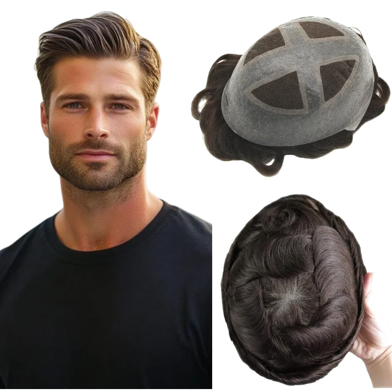 قطعة شعر كروس اوفر PU للرجال | شعر بشري دانتيل + PU، لون # 4 يمكن فراق نظام الاستبدال في أي مكان #1