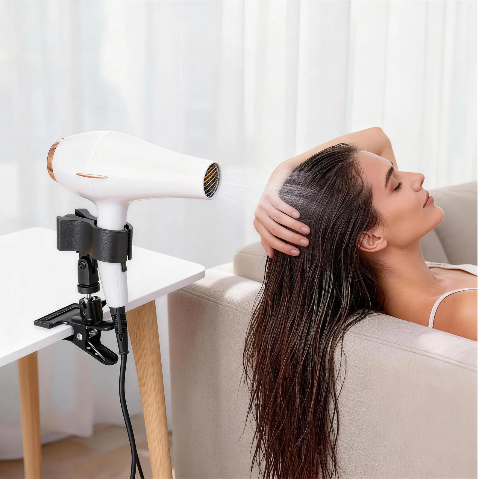 360 Degree Rotating Hair Dryer Holder Adjustable Hands-Free Blow Dryer Stand Desktop Clamp-on Rack for Bathroom Salon Styling