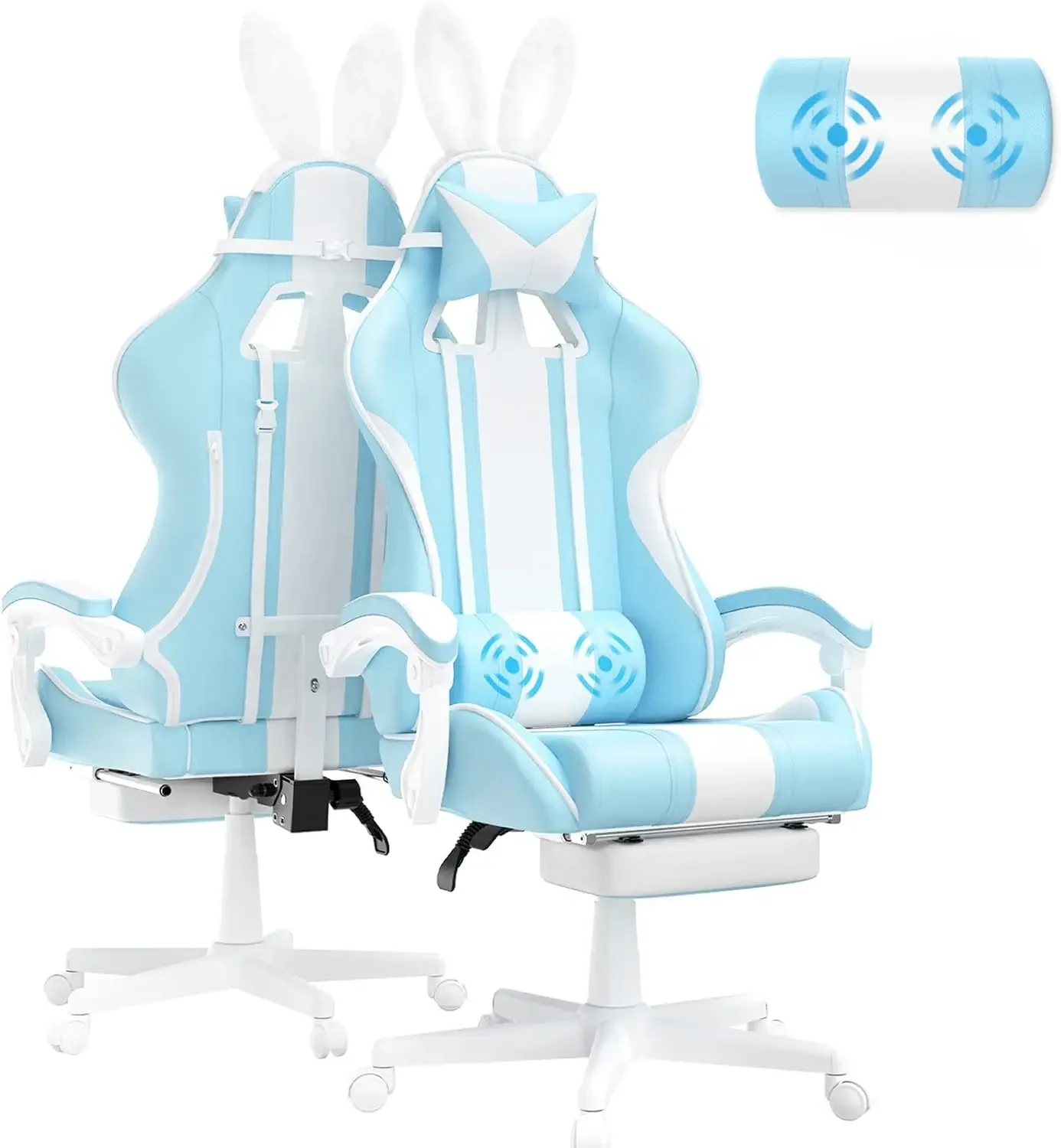 Ferghana Kawaii Light Blue Gaming เก้าอี้หูกระต่าย,ERGONOMIC น่ารัก Gamer เก้าอี้เท้าและนวด,Racing Reclining