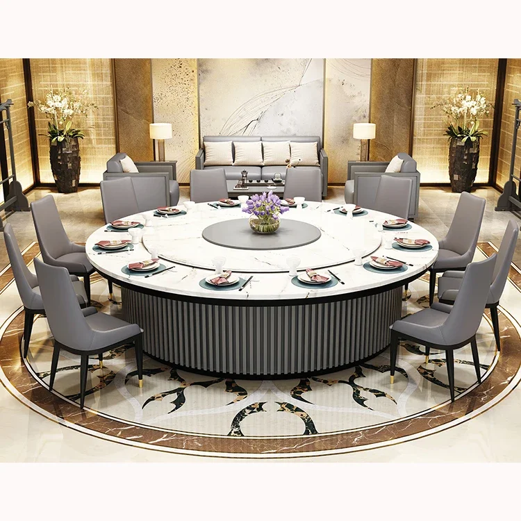 Deluxe Big Size Round Automatic Rotary Real Marble Dining Table Set For Hotel Hall Restaurant Fish Belly White Marble Table