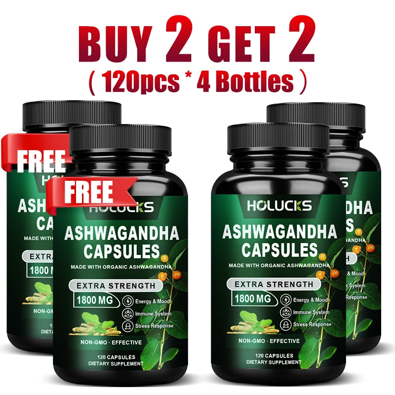 

HOLUCKS Органическая Ашваганда 1800 мг в капсулах, повышенной силы действия, для снятия стресса и улучшения настроения, подходит для веганов