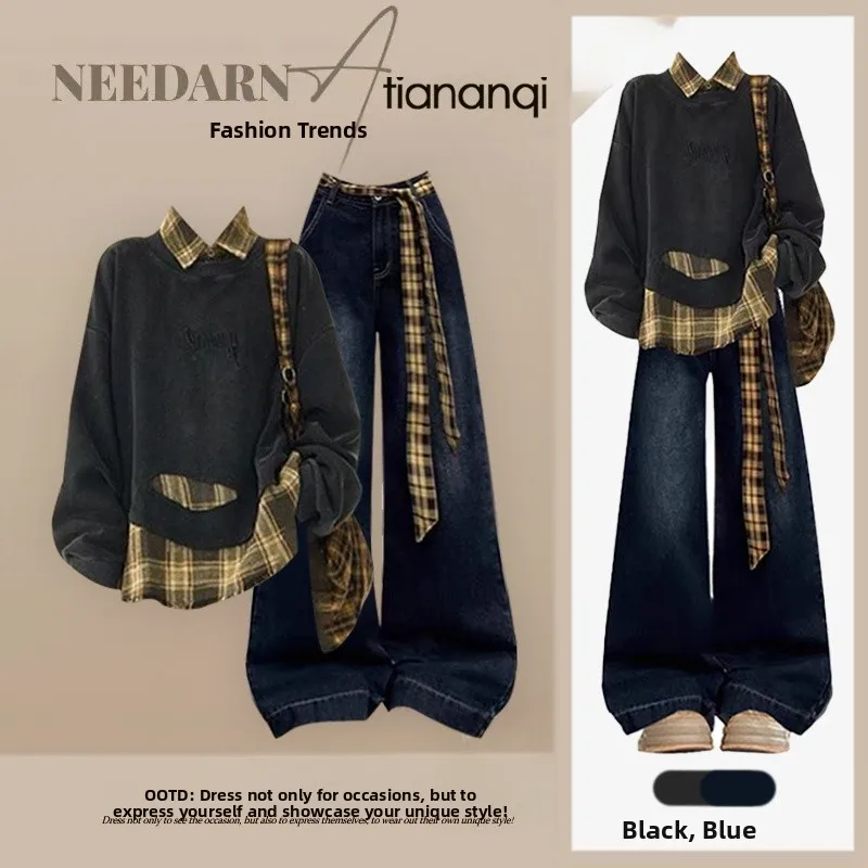 

Bla Oversize Loose Sweatirt Women's Autumn Winter New Sle ular American Sle Fake Two-Piece Long Sve Top