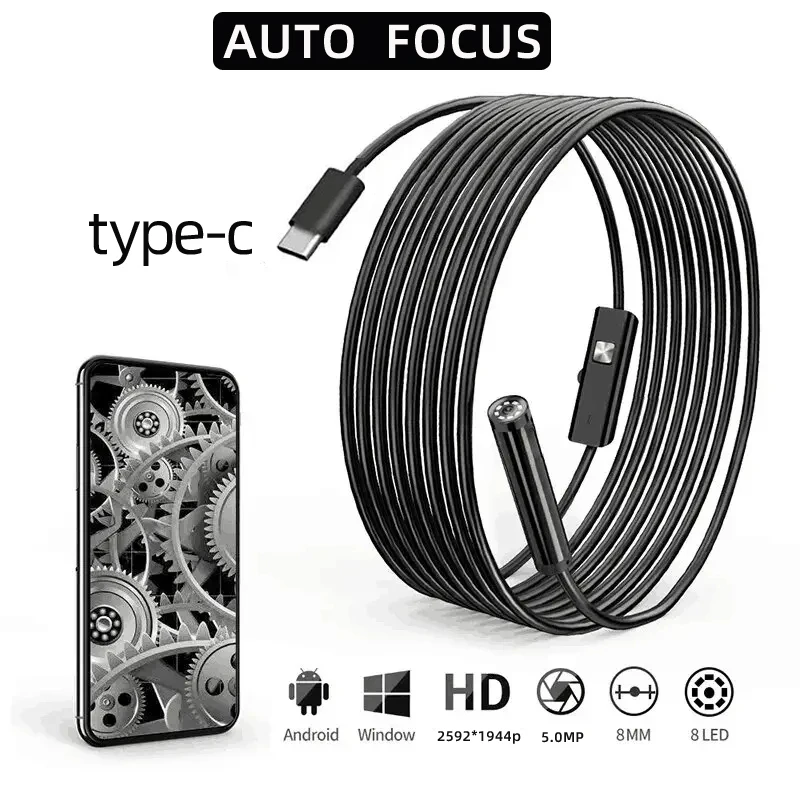 8mm Auto Focus Endoskop HD1944P do samochodów Android Phone Type -c 5MP Mini kamera inspekcyjna do kanalizacji Endoskop Borescope Usb 1-20m