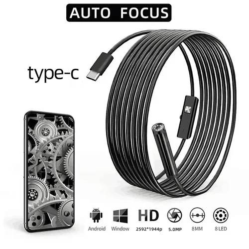 Endoscopio HD1944P de enfoque automático de 8mm para coches, teléfono Android tipo c, Mini cámara de inspección de alcantarillado de 5MP, endoscopia, boroscopio Usb de 1-20m