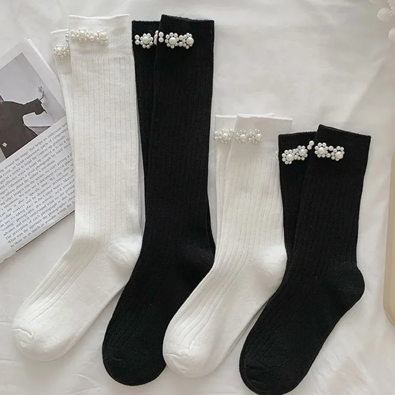 Personalized Beaded Socks Vertical Stripes Cotton Socks Imitation Pearl Decoration Fashion Simple Hosiery Solid Color Calf Socks