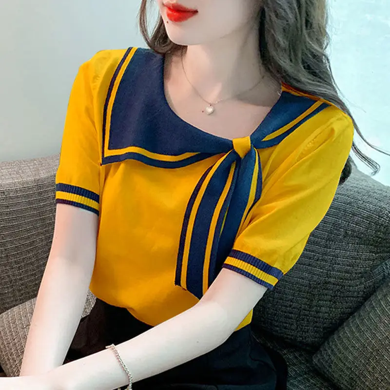 Ice Silk Preppy Style Short Sleeve T-Shirt Female 2024 New Summer Women\'s Trendy Chic Versatile Sweet Sailor Collar Top