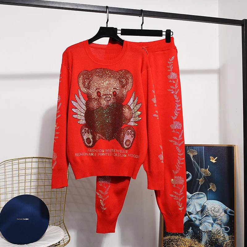 Red Knitted Two-piece Sets for Women Autumn Cartoon Hot Driilling Loose Pullover Top Casual Sweaters + Sports Harem Pants Suits