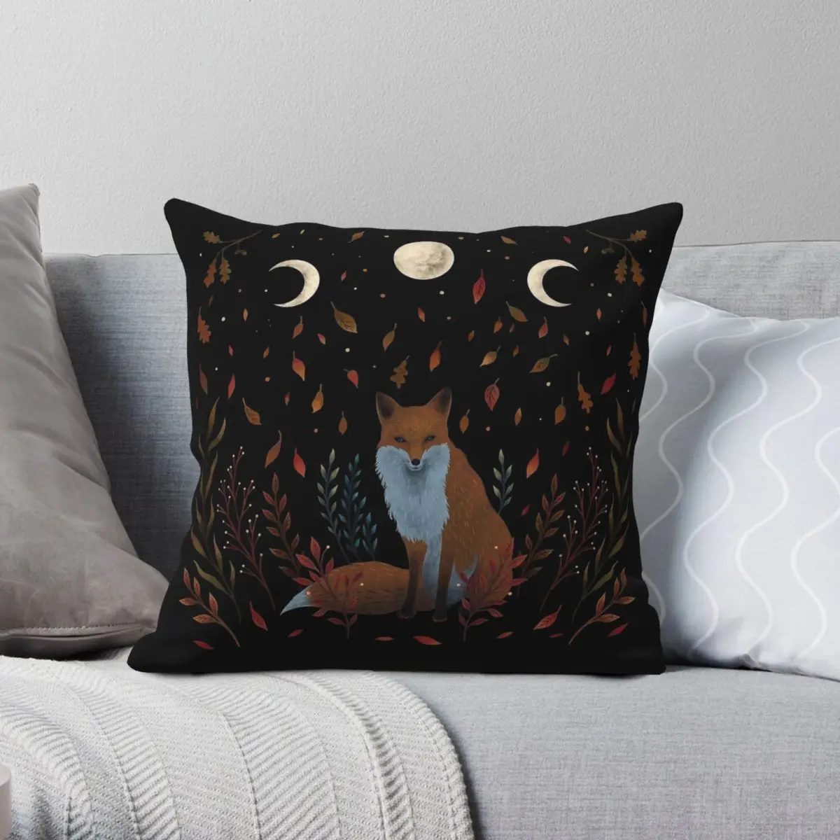 Autumn Fox Night Square Pillowcase Polyester Linen Velvet Pattern Zip Decorative Pillow Case Home Cushion Cover 18