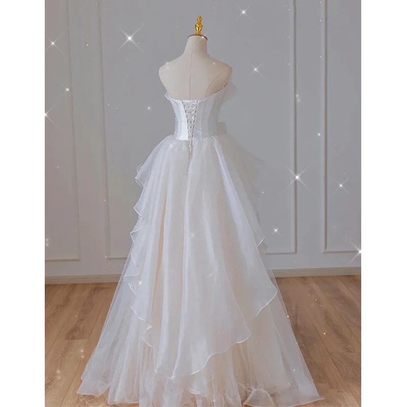 White French Wedding Dress Elegant Strapless Banquet Party Gown Sweet Bow Irregular Fluffy Dress Floor-Length Prom Vestido