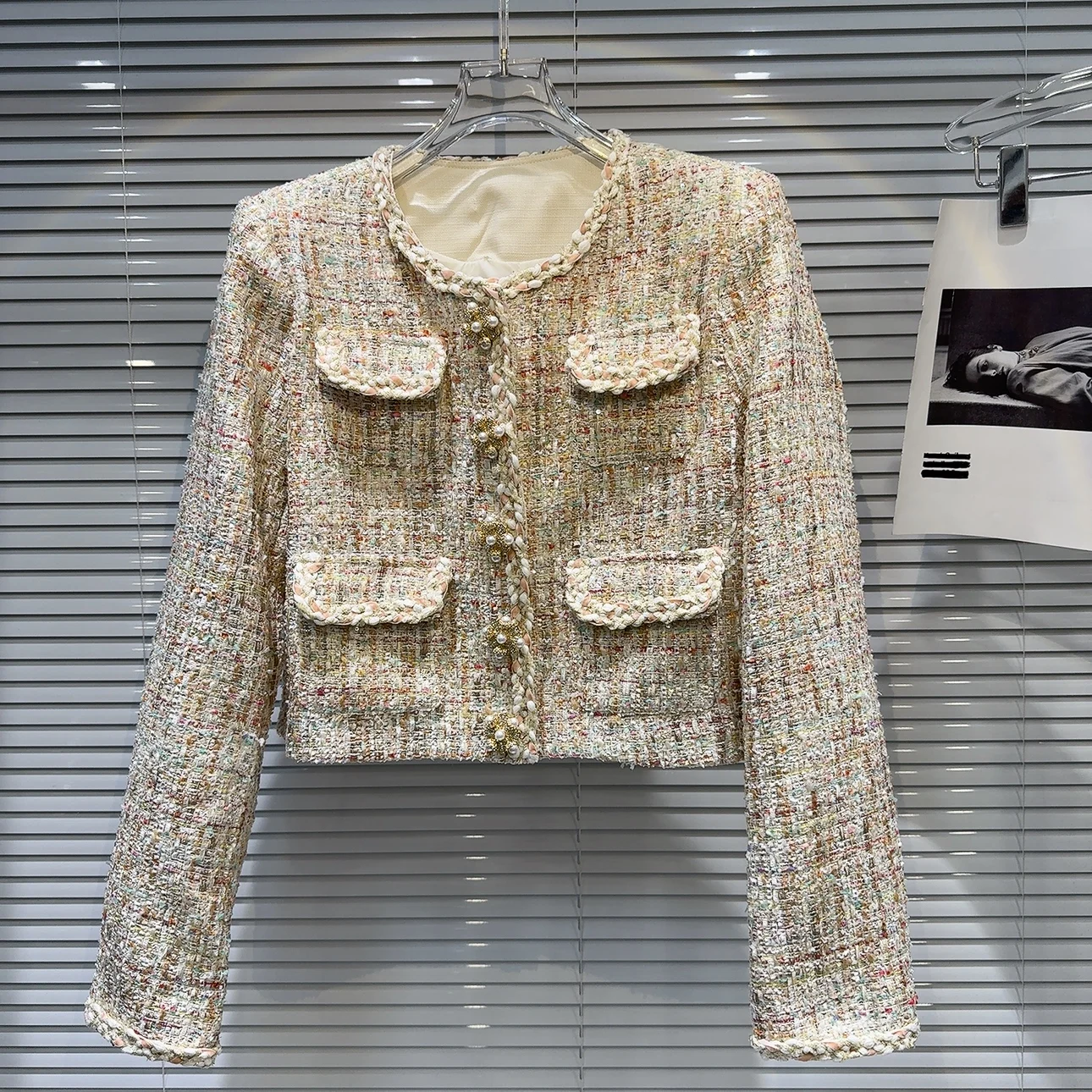 

Осень 2023, новая верхняя одежда Sle ort, женское модное женское трикотажное твидовое пальто, прямой крой, круглые пуговицы...