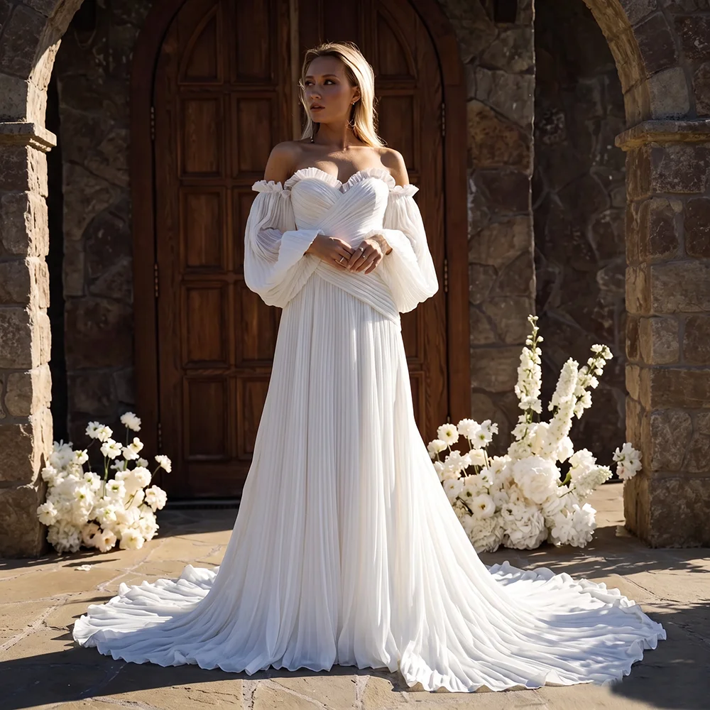 Long Bishop Sleeves Sweetheart Ruched Bridal Gowns Chiffon Customized Oversized Plus Size Off Shoulder Ceremony Wedding Dress