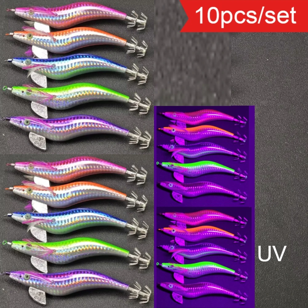 10er-Set UV-Licht-Tintenfischköder, leuchtende Hartgarnelen-Angelköder mit Tintenfischhaken, Salzwasser-Sepia-Oktopus-Köder