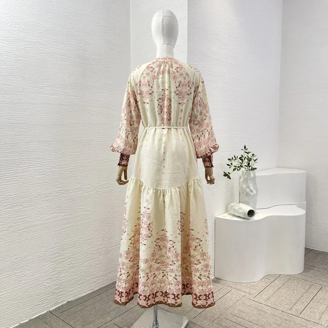 Linen Lantern Sleeve High Quality Beige Pink Long Cherry Blossoms Print Lace-up Folds Women Vacation Maxi Dresses