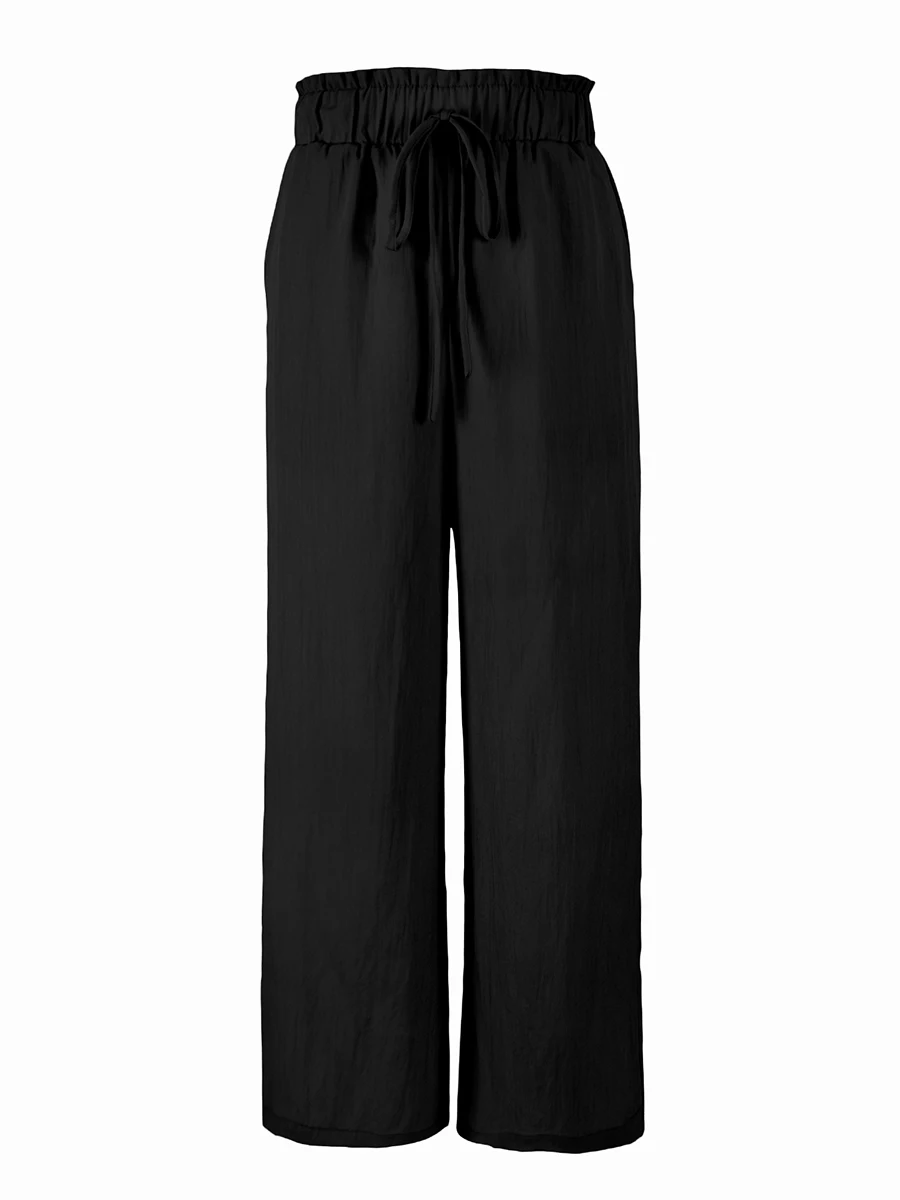 Herbst Winter Damen Hose mit Hoher Taille und Geradem Bein Lässige Weite Hose mit Kordelzug Elastischer Bund und Taschen Einfarbig – Detail 4