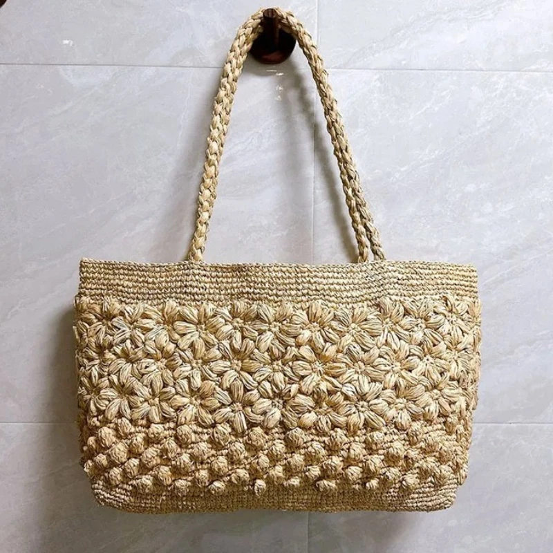 Bohemian Raffia Straw Bag Tote Flower Crochet Sea Beach Bags for Women Shoulder Bag Handmade Woven Handbag Shopper Travel Purses