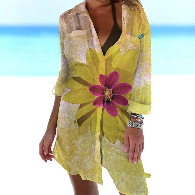 Vestido camisero con estampado 3D de flores para mujer, camisa Sexy de manga larga, Top sin mangas, para playa, novedad de verano